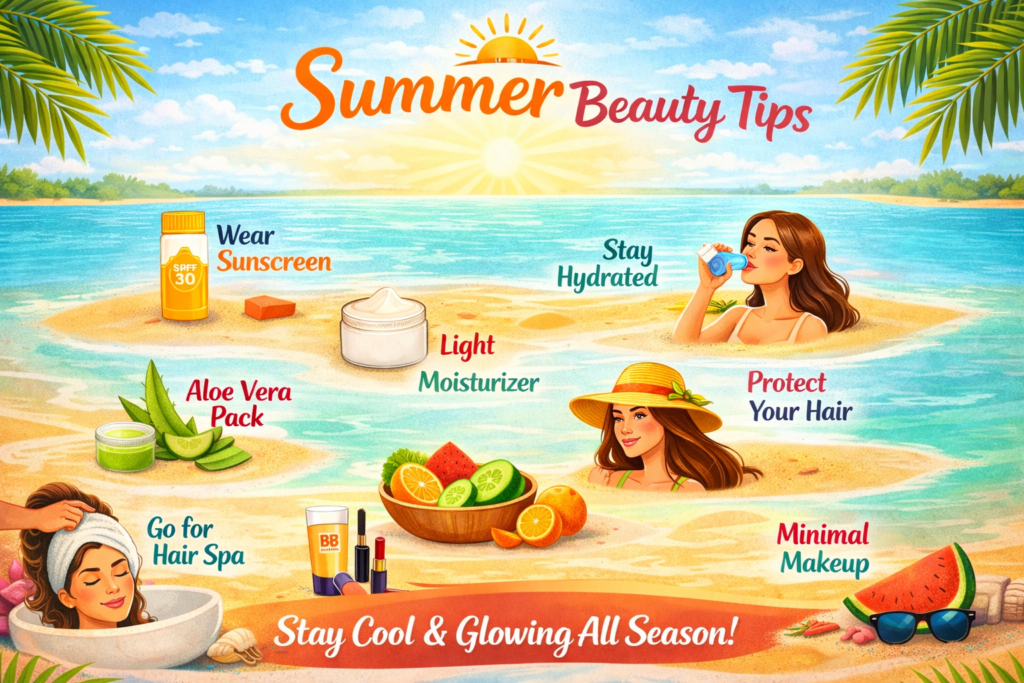 Summer beauty tips illustration with sunscreen, hydration, skincare, and hair care advice.